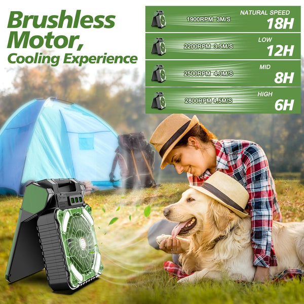 10000mAh Solar Powered Camping Fan with LED Lantern, 4 Speeds Powerful Wind Rechargeable Battery Operated Portable Fan, Cordless Desk Cooling Fan with 3 Timer & PowerBank for Travel Tent Worksite