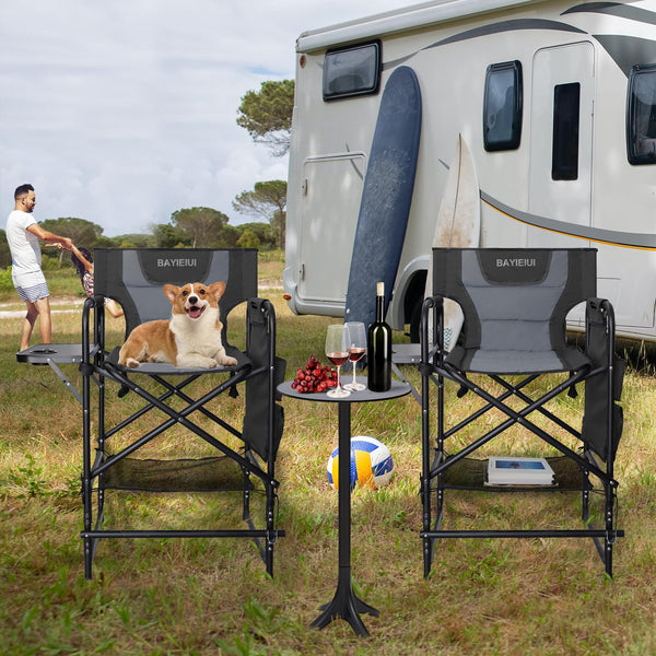BAYIEIUI Tall Folding Directors Chair with Side Table 26.77" Seat Height Portable Camping Makeup Artist Bar Chair with Footrest and Carrying Bag 350 Ibs Weight Capacity Black