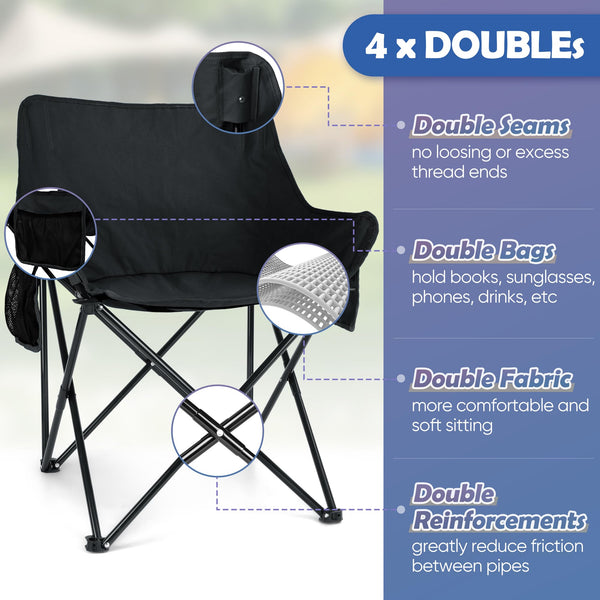 HaSteeL Camping Chair for Adults, Compact Folding Portable Chairs Set with Side Pockets for Outdoors Fishing, Hiking, Backpacking, Picnic, Beach, Travel, Supports to 250lbs, & Storage Bags (Black)