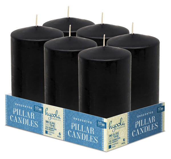 Hyoola Black Pillar Candles 3x6 Inch - 6 Pack Unscented Pillar Candles - European Made