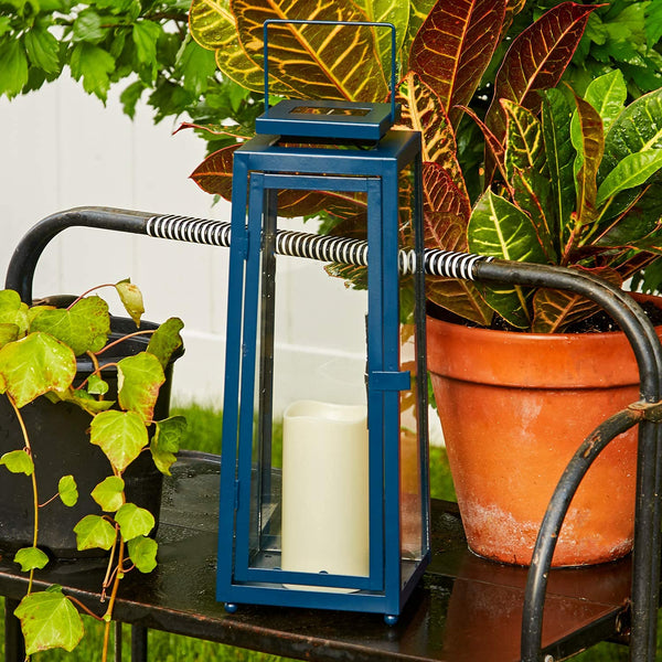 Blue Outdoor Candle Lantern - 15 Inch Tall, Solar Powered, Navy Metal with Glass, Waterproof Flameless Pillar Candles, Dusk to Dawn Timer, Flickering LED Lights, Rustic Farmhouse Patio Decor