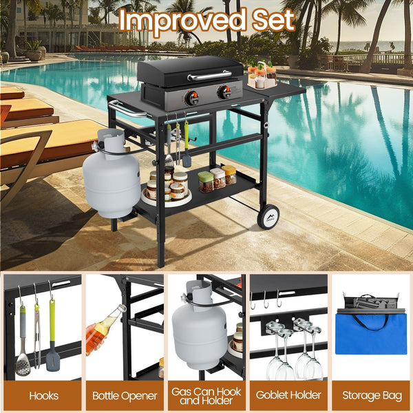 CEED4U Folding Grill Cart Table with Double-Shelf, 40" x 20" Movable BBQ Cart Sturdy, Height-Adjustable, Spacious Tabletop Grill Stand Dining Cart Table for Car Tailgating, Camping, Party