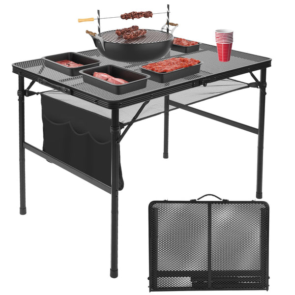 Pnbfhn Folding Grill Table, 3x2 FT Portable Camping Table, Lightweight Height Adjustable Metal Picnic Table with Mesh Desktop and Mesh Bag, Outdoor Table for Camping, Picnic, Beach and BBQ