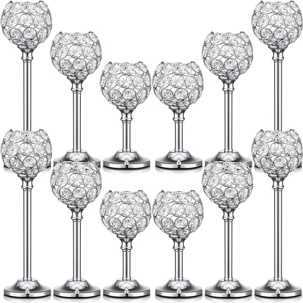 12 Pack Crystal Candle Holders Gold or Silver Candle Holders Bulk Decorative Tealight Candle Holder for Wedding, Party, Christmas Table Centerpieces Decoration (Silver)