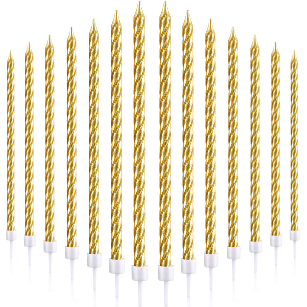 30 Pieces Birthday Candles Spiral Cake Candles Metallic Cupcake Candles Long Thin Cake Candles in Holders for Birthday Wedding Party Cake Decorations (Gold)