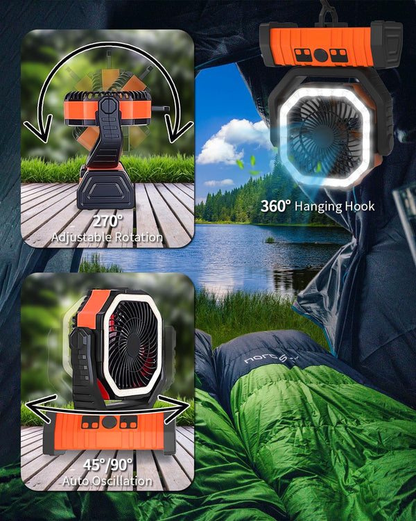 ADUST Camping Fan Battery Operated Powered Fan with LED Lantern Light 20000mAh Rechargeable Portable Fan, Oscillating Fan with 360ยฐ Rotation Hanging Hook for Tents, Cordless USB Desk Fan(Orange)