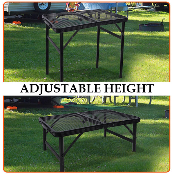 FORUP Small Folding Table, Camping Table with Mesh Desktop, Portable Picnic Table with Carry Handle, Height Adjustable Portable Grill Table for Outside Inside Use
