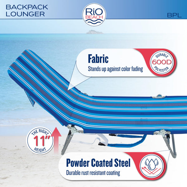 Rio Beach Portable Folding Backpack Beach Lounge Chair with Backpack Straps and Storage Pouch , Blue and Red, 8.5 lbs