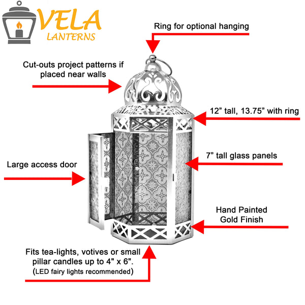 12pk Gold Metal Moroccan Decorative LED Fairy Lights Candle Lantern Holders for Home Decor, Patio, Weddings, Clear Glass, Large