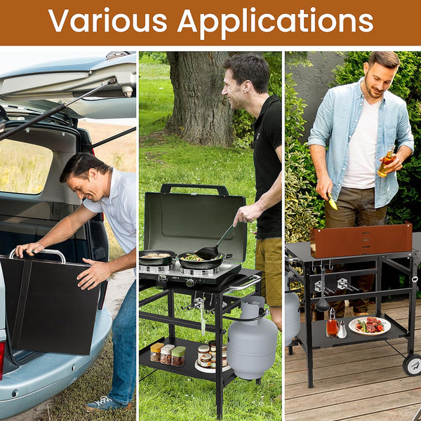 CEED4U Folding Grill Cart Table with Double-Shelf, 40" x 20" Movable BBQ Cart Sturdy, Height-Adjustable, Spacious Tabletop Grill Stand Dining Cart Table for Car Tailgating, Camping, Party