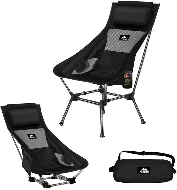 AnYoker Camping Chair Over Size, 2 Way Compact Backpacking Chair, Portable Folding Chair, Beach Chair with Side Pocket and headrest, Lightweight Hiking Chair 0166WBA (Black)