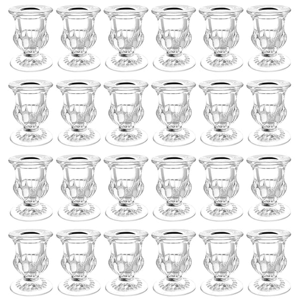 Set of 24 Glass Taper Candle Holders, 2.5 Inches Candlestick Holders Bulk - Clear Thick Glass Candle Holder for Rustic Wedding Centerpieces, Party Supplies, Festival Decoration
