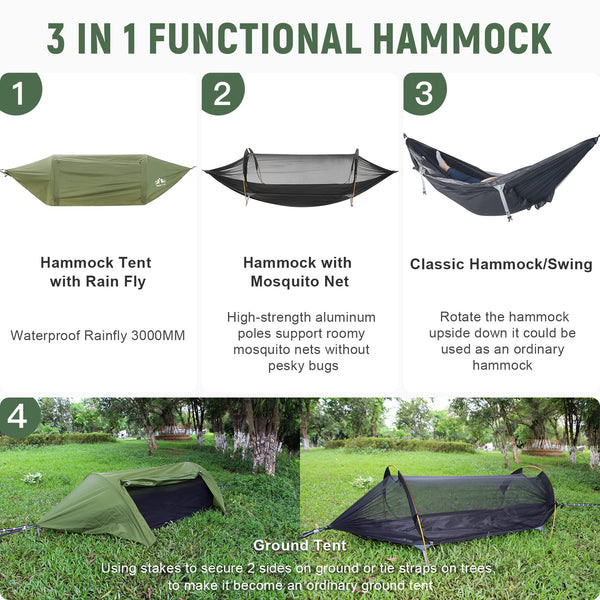Night Cat 3 in 1 Hammock Tent with Storage Pocket for Sleeping Pad(Exclude) with Bug Net and Rainfly 1 Person Backpacking Camp Tent Waterproof Lightweight 440lbs