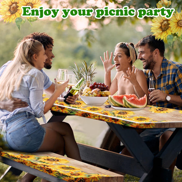 3 Pcs Vinyl Picnic Table and Bench Fitted Tablecloth Cover Set 6 Ft 30 x 72 Inch Flannel Backing Rectangular Elastic Edged Picnic Table Cover for Summer Outdoor Patio Travel (Retro Sunflower)