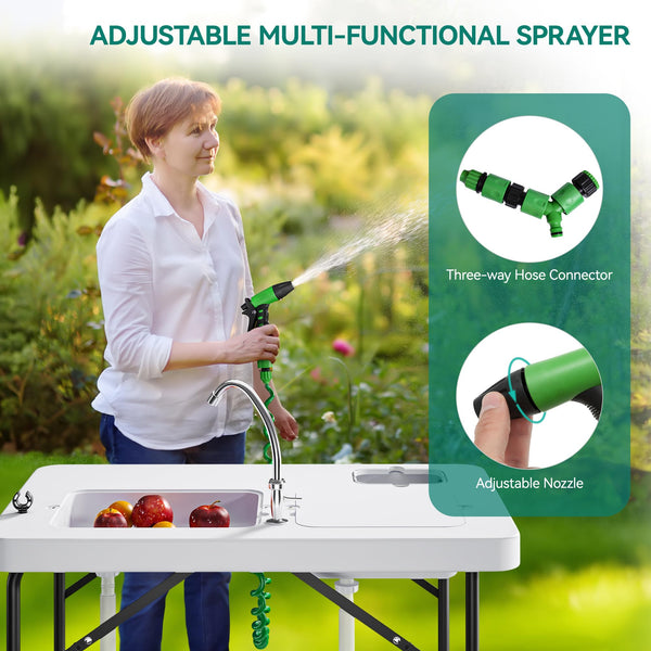 Yitahome Fish Cleaning Table with Deep Sinks & Sprayer 40" Portable Fish Cleaning Table w/Water Hose Hookup & Faucet, Folding Camping Sink Table Ideal for Picnic Fishing, White