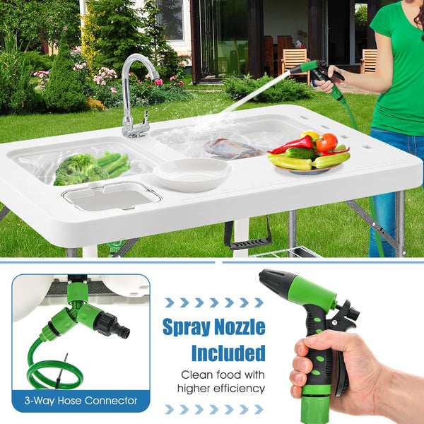 Goplus 40'' Folding Fish Cleaning Table with Dual Water Basins, Faucet Drainage Hose & Sprayer, Portable Camping Sink Table, Outdoor Fish Fillet Cleaning Station with Grid Rack for Picnic