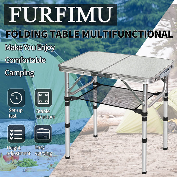 FURFIMU Small Folding Table,3 Adjustable Height Foldable Table,2Ft Portable Camping Table,Outdoor Folding Table with Net Mesh,Folding Beach Table,White Metal Folding Table for Patio BBQ