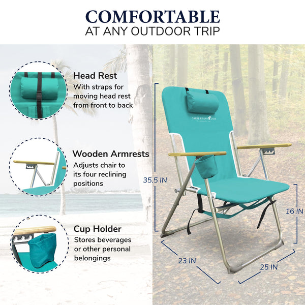 Caribbean Joe Folding Beach Chair, 4 Position Portable Backpack Foldable Camping Chair with Headrest, Cup Holder, and Wooden Armrests, Teal