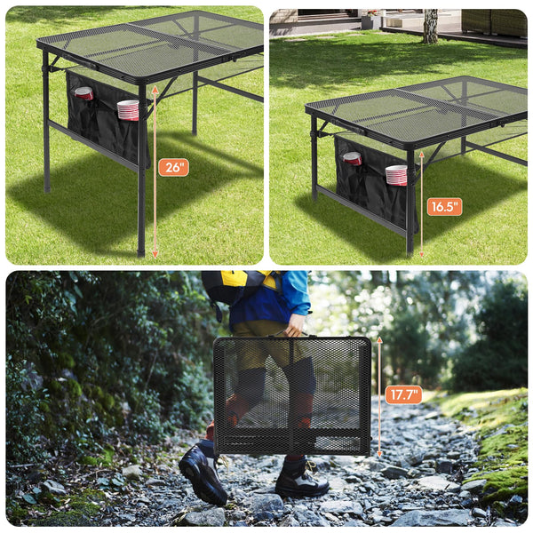 Pnbfhn Folding Grill Table, 3x2 FT Portable Camping Table, Lightweight Height Adjustable Metal Picnic Table with Mesh Desktop and Mesh Bag, Outdoor Table for Camping, Picnic, Beach and BBQ