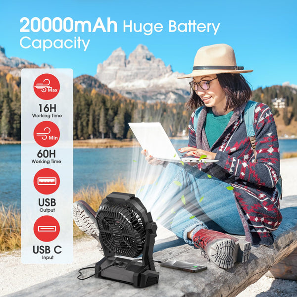 ONLYNEW Portable Fan Rechargeable, 20000mAh Cordless Battery Powered Fan with LED Lantern,Table Fan, USB C Battery Operated Fans for Travel Bedroom Home Camping Tent Office Beach Desk Fishing