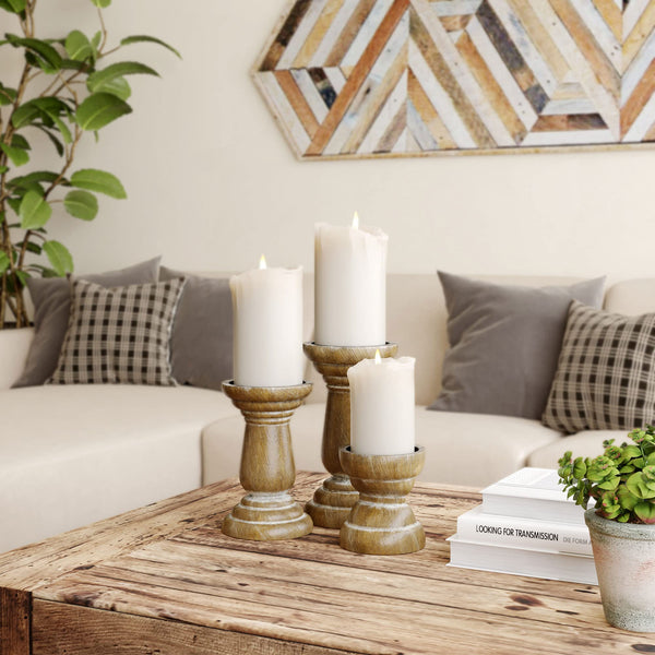Barnyard Designs Pillar Candle Holder for Pillar Candles, Small Wooden Candlestick Holders, Farmhouse Candle Holders for Table Centerpiece, Rustic Candle Holder Set of 3, (4", 6", 8"), Brown