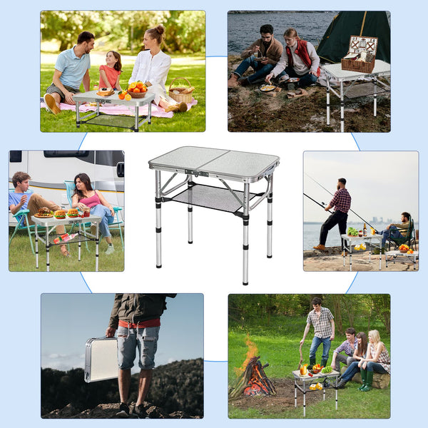 FURFIMU Small Folding Table,3 Adjustable Height Foldable Table,2Ft Portable Camping Table,Outdoor Folding Table with Net Mesh,Folding Beach Table,White Metal Folding Table for Patio BBQ