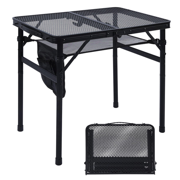 JOUYEK Camping Table, 2x1.3 FT Portable Folding Grill Table, Lightweight Height Adjustable Metal Table with Mesh Desktop and Mesh Bag, Outdoor Table for Camping, Picnic, Beach and BBQ, Black