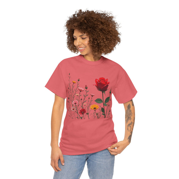 Wildflowers and a Red Rose, Graphic T-Shirts for Women, Floral Shirt, Womens Short Sleeve, Ladies Graphic Tees #5006TTS