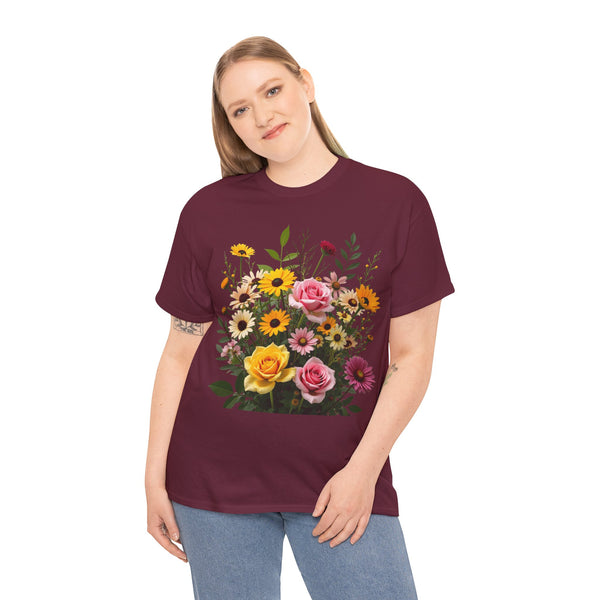 Wildflowers and Pink & Yellow Roses, Graphic T-Shirts for Women, Floral Shirt, Womens Short Sleeve, Ladies Graphic Tees #5150TTS
