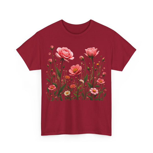 Wildflowers and Pink Roses, Graphic T-Shirts for Women, Floral Shirt, Womens Short Sleeve, Ladies Graphic Tees #5022TTS