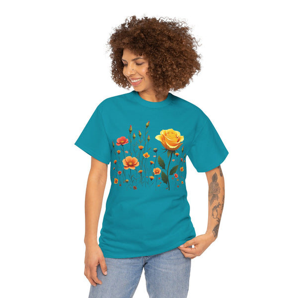 Wildflowers and a Yellow Rose, Graphic T-Shirts for Women, Floral Shirt, Womens Short Sleeve, Ladies Graphic Tees #5010TTS