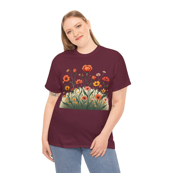 Wildflowers and Orange Roses, Graphic T-Shirts for Women, Floral Shirt, Womens Short Sleeve, Ladies Graphic Tees #5047TTS