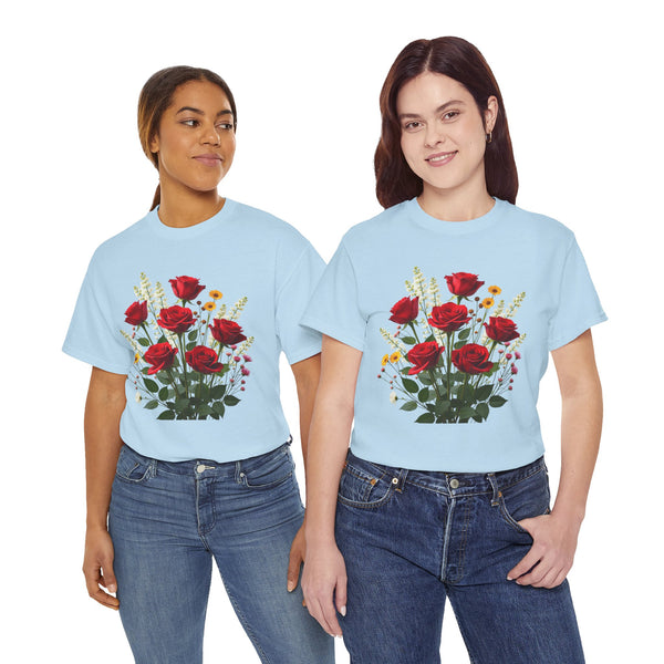 Wildflowers and Red Roses, Graphic T-Shirts for Women, Floral Shirt, Womens Short Sleeve, Ladies Graphic Tees #5128TTS
