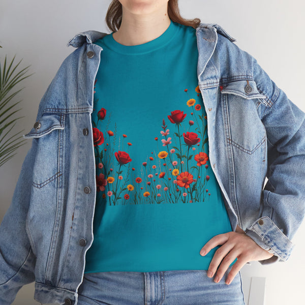 Wildflowers and Red Roses, Graphic T-Shirts for Women, Floral Shirt, Womens Short Sleeve, Ladies Graphic Tees #5033TTS