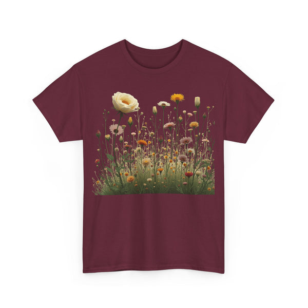Wildflowers and White Roses, Graphic T-Shirts for Women, Floral Shirt, Womens Short Sleeve, Ladies Graphic Tees #5041TTS