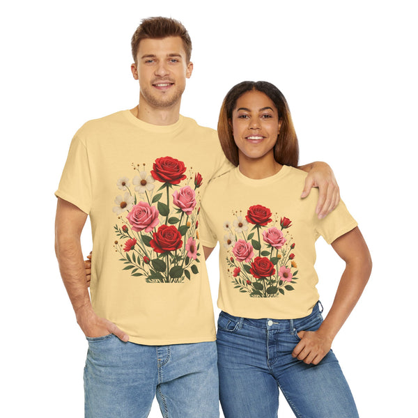Wildflowers and Pink & Red Roses, Graphic T-Shirts for Women, Floral Shirt, Womens Short Sleeve, Ladies Graphic Tees #5134TTS