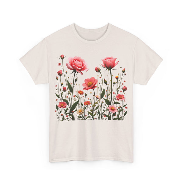 Wildflowers and Pink Roses, Graphic T-Shirts for Women, Floral Shirt, Womens Short Sleeve, Ladies Graphic Tees #5022TTS
