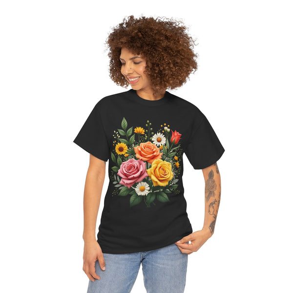 Wildflowers and Pink & Yellow Roses, Graphic T-Shirts for Women, Floral Shirt, Womens Short Sleeve, Ladies Graphic Tees #5144TTS