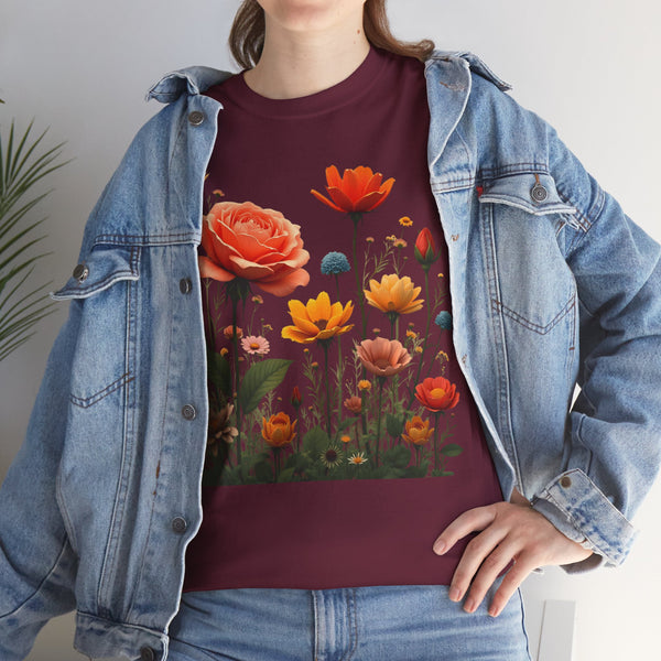 Wildflowers and Orange Roses, Graphic T-Shirts for Women, Floral Shirt, Womens Short Sleeve, Ladies Graphic Tees #5044TTS