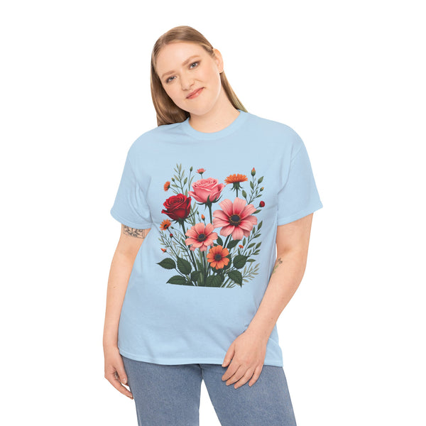 Wildflowers and Pink & Red Roses, Graphic T-Shirts for Women, Floral Shirt, Womens Short Sleeve, Ladies Graphic Tees #5133TTS