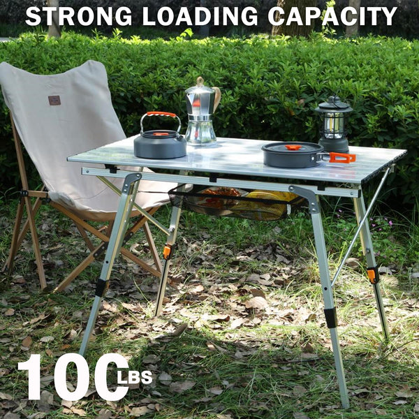 JOUYEK Folding Table, Outdoor Camping Table with Adjustable Legs, Lightweight Aluminum Roll Up Camp Table with Carrying Bag, Mesh Storage Organizer, for Cooking, Picnic, Beach, Backyards, BBQ, Party