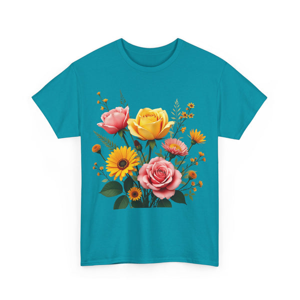Wildflowers and Pink & Yellow Roses, Graphic T-Shirts for Women, Floral Shirt, Womens Short Sleeve, Ladies Graphic Tees #5146TTS