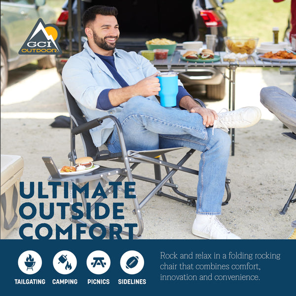 GCI OUTDOOR Freestyle Rocker XL with Side Table Camping Chair | Portable Folding Rocking Chair with Solid, Durable Armrests, Drink Holder & Comfortable Backrest — Black