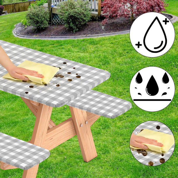 BOUBONI 3 Pcs Set Fitted Picnic Table Cover with Bench Covers Vinyl Camping Table Cloth Flannel Backing Picnic Table Cloth for 6ft Tables Camping Outdoor (Gray Checked, 30 x 72 Inches)