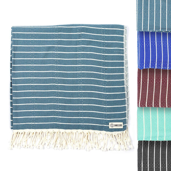 37” x 69” Large Sand Free Turkish Beach Towel, 100% Organic Turkish Cotton Yarn, Quick Dry Towel for Beach, Picnic, Blanket or Bath, Striped Gocek (Denim)