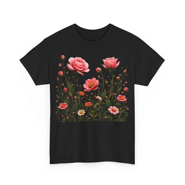 Wildflowers and Pink Roses, Graphic T-Shirts for Women, Floral Shirt, Womens Short Sleeve, Ladies Graphic Tees #5022TTS