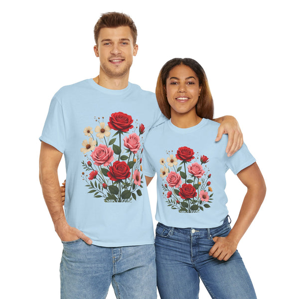 Wildflowers and Pink & Red Roses, Graphic T-Shirts for Women, Floral Shirt, Womens Short Sleeve, Ladies Graphic Tees #5134TTS
