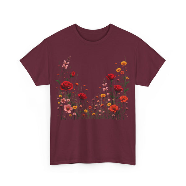 Wildflowers and Red Roses, Graphic T-Shirts for Women, Floral Shirt, Womens Short Sleeve, Ladies Graphic Tees #5033TTS