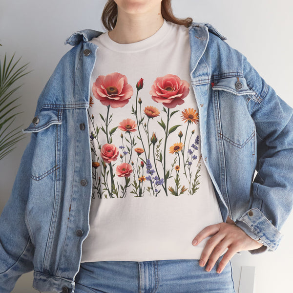 Wildflowers and Pink Roses, Graphic T-Shirts for Women, Floral Shirt, Womens Short Sleeve, Ladies Graphic Tees #5015TTS