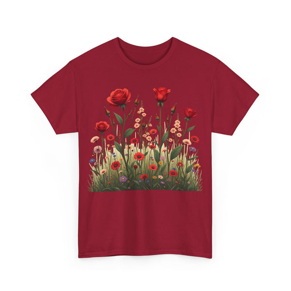 Wildflowers and Red Roses, Graphic T-Shirts for Women, Floral Shirt, Womens Short Sleeve, Ladies Graphic Tees #5032TTS
